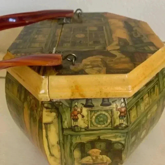 Anton Pieck Decoupage Bakelite Top Handle Purse Hand Crafted Wooden 1970s - Picture 5 of 6